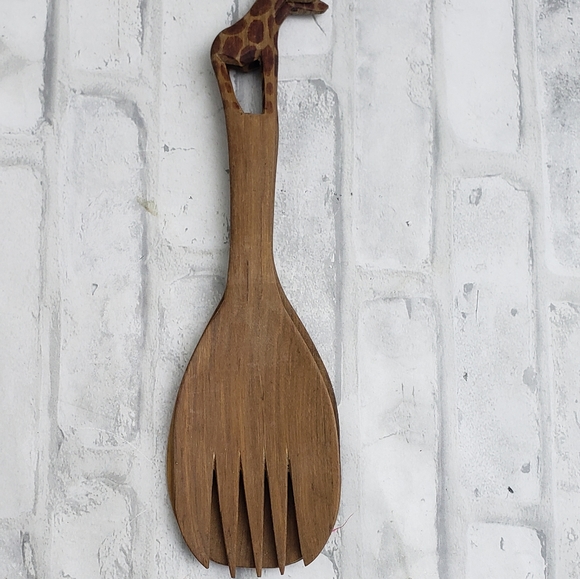 African Hardwood Teak Spoon Fork Spatula Giraffe Handle Salad Serving Set - Picture 6 of 6